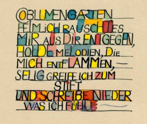 Schriftbild Blumengarten, Tinte, Feder, Aquarell