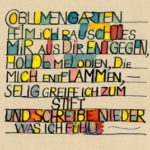 Schriftbild Blumengarten, Tinte, Feder, Aquarell