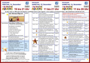 Schleißheimer Advent 2018. Programm. Der Weihnachtsmarkt organisiert von Tourismus Schleissheim e.V. Auf dem Gelände der Flugwerft Schleissheim jeweils am 3. Adventswochenende. Plakatmotiv und Logos wurden gestellt.