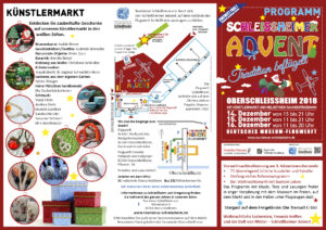 Schleißheimer Advent 2018. Programm.Weihnachtsmarkt organisiert von Tourismus Schleissheim e.V. Auf dem Gelände der Flugwerft Schleissheim jeweils am 3. Adventswochenende. Plakatmotiv und Logos wurden gestellt.