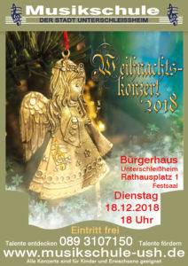 Plakat Weihnachtskonzert Musikschule Unterschleißheim 2018.