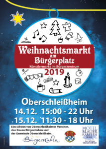 Weihnachtsmarkt am Buergerplatz Oberschleissheim 2019. Plakat mit individuellen icons und Infoflyer.