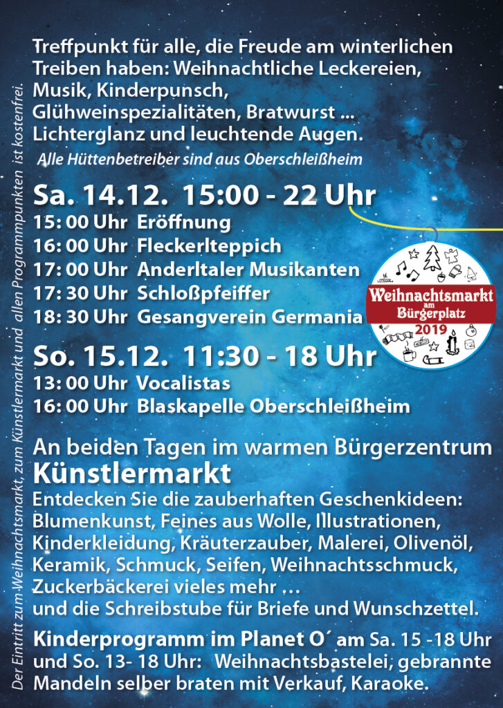 Weihnachtsmarkt am Buergerplatz Oberschleissheim 2019. Plakat mit individuellen icons und Infoflyer.