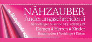 Banner Nähzauber. Straßenwerbung für Änderungsschneiderei NÄHZAUBER. Format 150 cm x 70 cm. Neugestaltung für Firmengründung