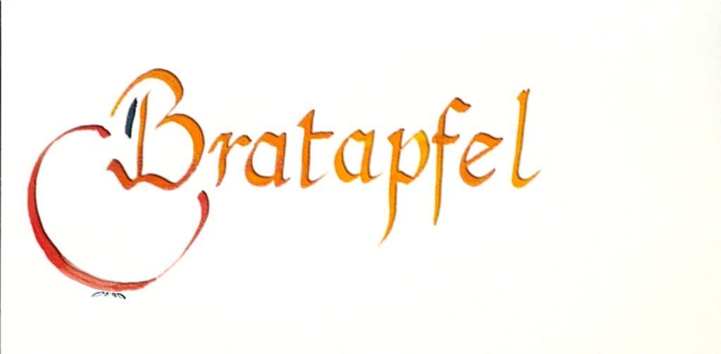 Weihnachstkarte Bratapfel. Handschrift mit Tinte und Bandzugfeder. Handlettering.